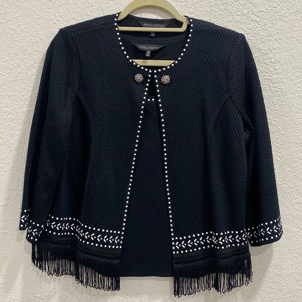 Ming Wang Embellished Sweater Cardigan Set Tank Size M Black